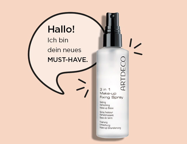 Das Fixing Spray ist abgebildet und in einer Sprechblase steht Hallo